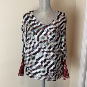Y2K Custo Barcelona 100% Silk Funky Print V- Neck Blouse  Top Size Small